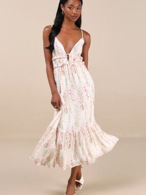 Lulus Sandi Ivory Multi Floral Tie-front Midi Dress White - Size XL
